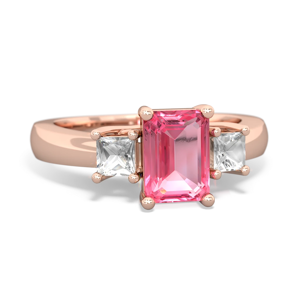 Lab Pink Sapphire Three Stone Emerald-Cut Trellis 14K Rose Gold ring R4021