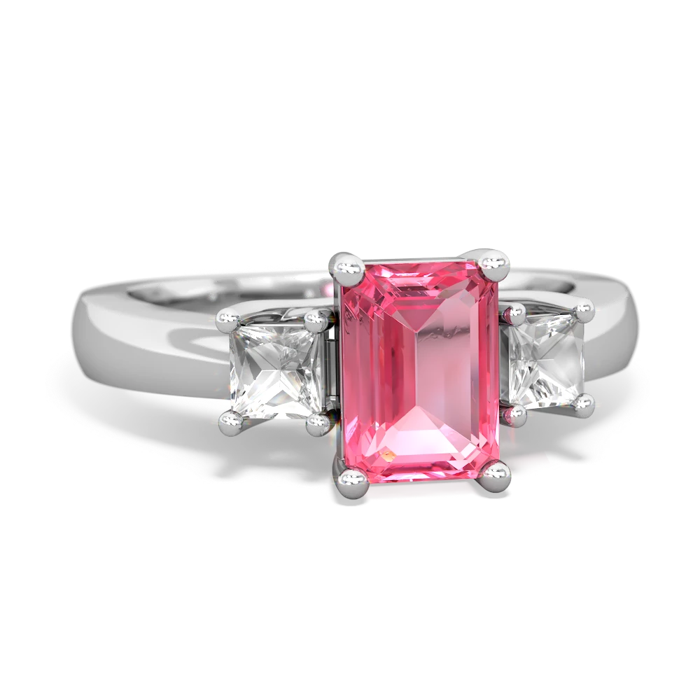 Lab Pink Sapphire Three Stone Emerald-Cut Trellis 14K White Gold ring R4021