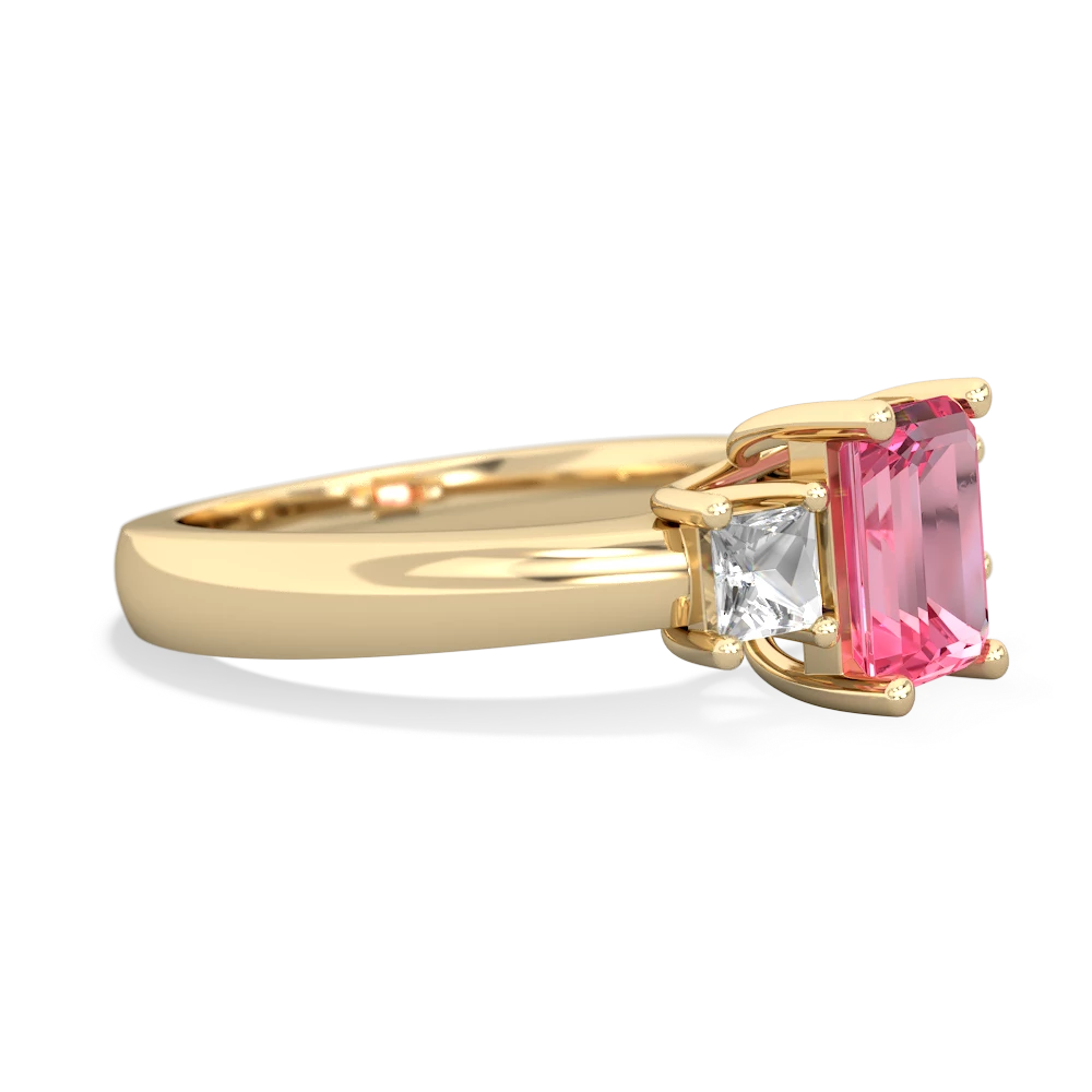 Lab Pink Sapphire Three Stone Emerald-Cut Trellis 14K Yellow Gold ring R4021