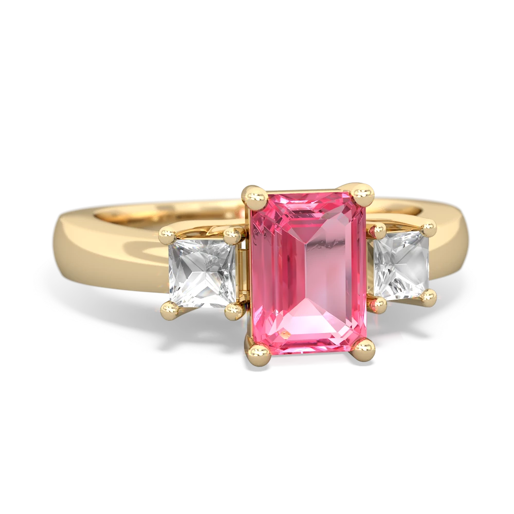 Lab Pink Sapphire Three Stone Emerald-Cut Trellis 14K Yellow Gold ring R4021