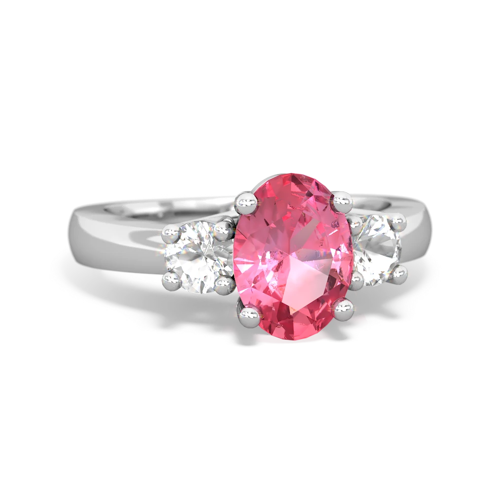 Lab Pink Sapphire Three Stone Oval Trellis 14K White Gold ring R4024