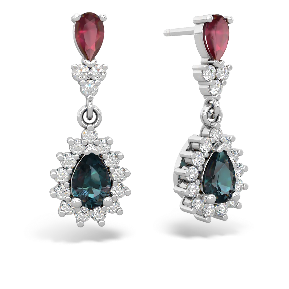 Ruby Halo Pear Dangle 14K White Gold earrings E1882