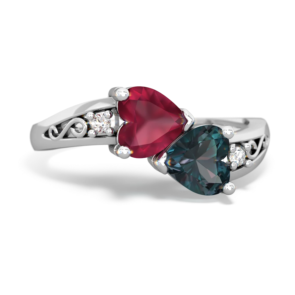 Ruby Snuggling Hearts 14K White Gold ring R2178