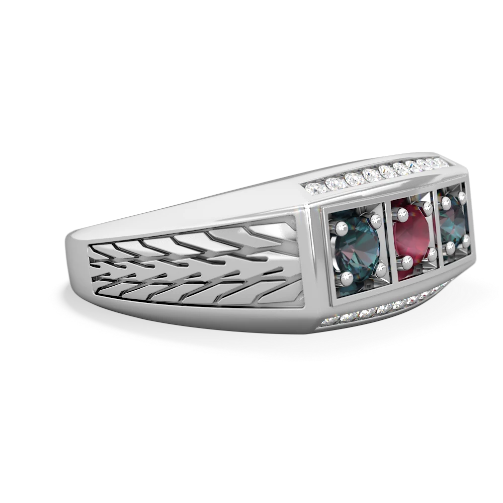 Ruby Three Stone Tire Tread Men's 14K White Gold ring R0520