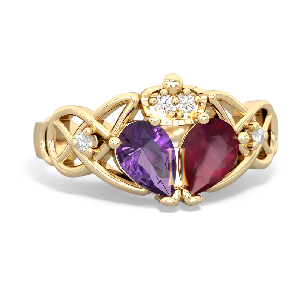 Ruby 'One Heart' Celtic Knot Claddagh 14K Yellow Gold ring R5322