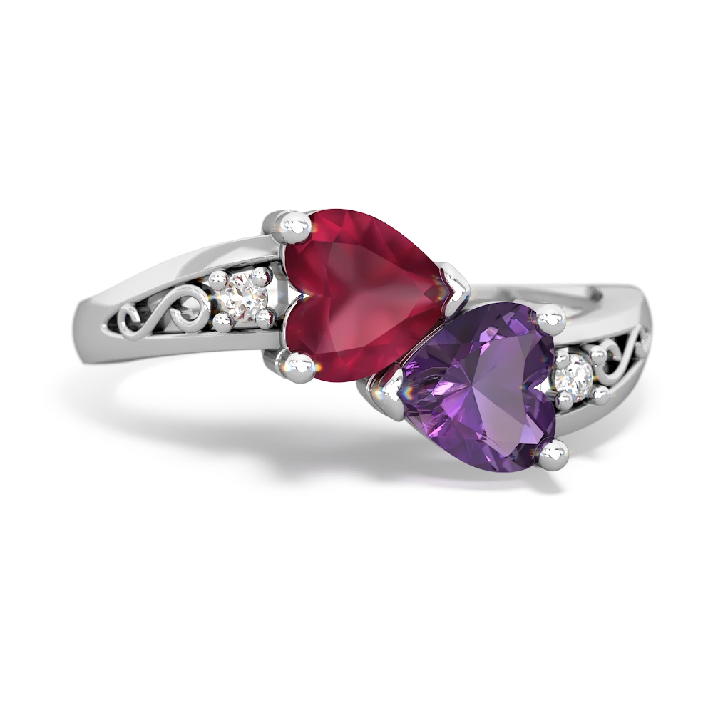 Ruby Snuggling Hearts 14K White Gold ring R2178