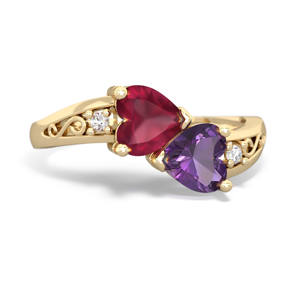 Ruby Snuggling Hearts 14K Yellow Gold ring R2178