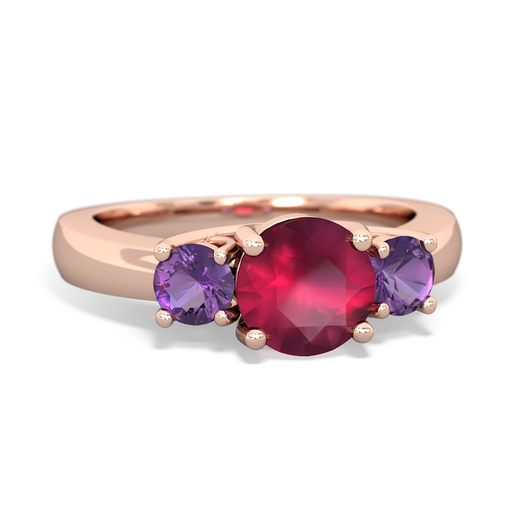 Ruby Three Stone Round Trellis 14K Rose Gold ring R4018