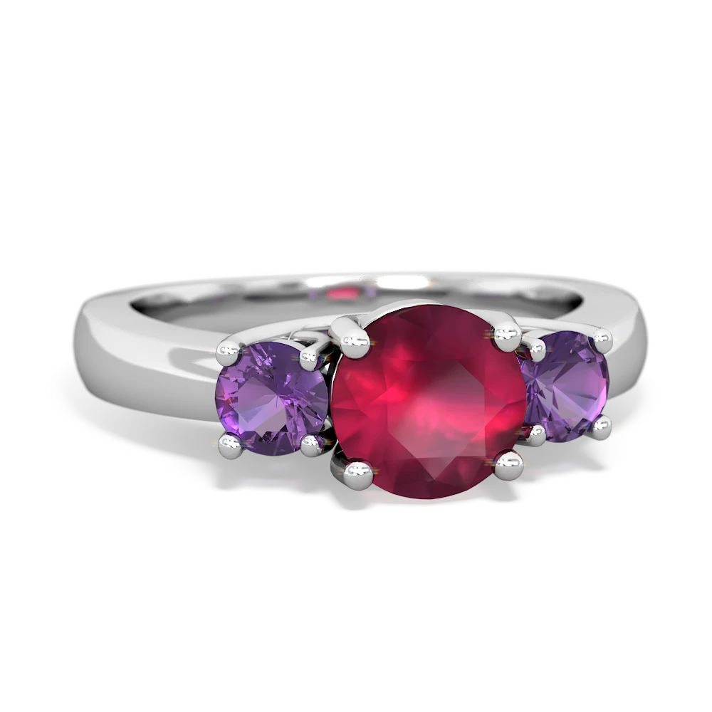 Ruby Three Stone Round Trellis 14K White Gold ring R4018