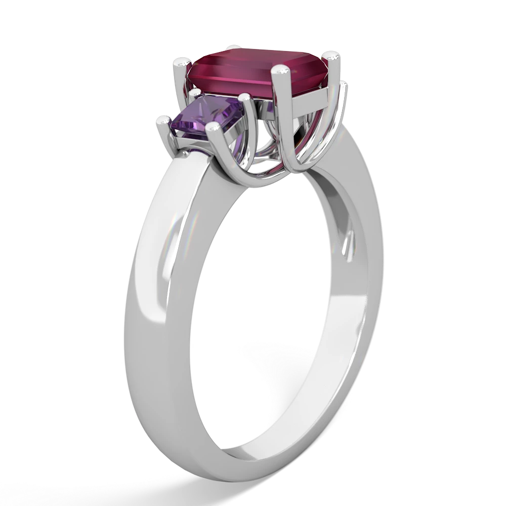 Ruby Three Stone Emerald-Cut Trellis 14K White Gold ring R4021