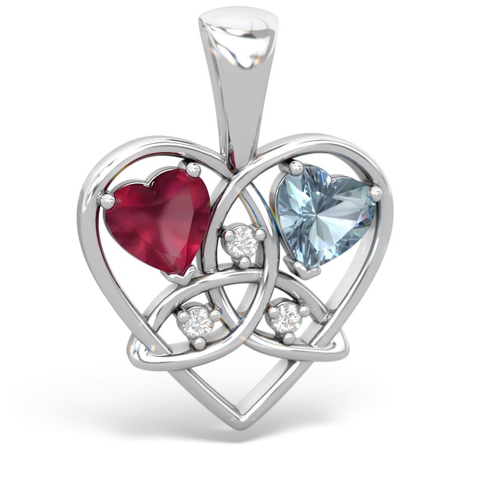 14K White Gold Ruby with Aquamarine Celtic Trinity Heart Necklace