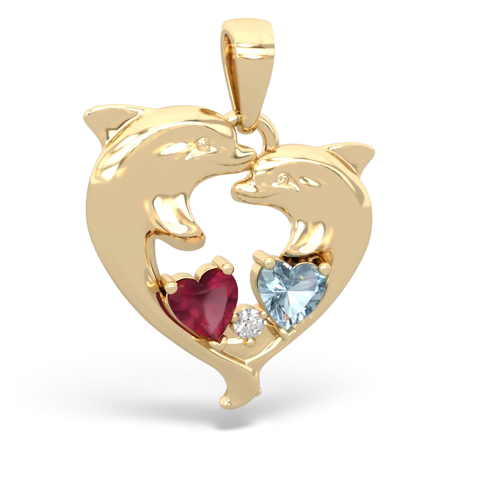 Ruby Dolphin Heart 14K Yellow Gold pendant P5820