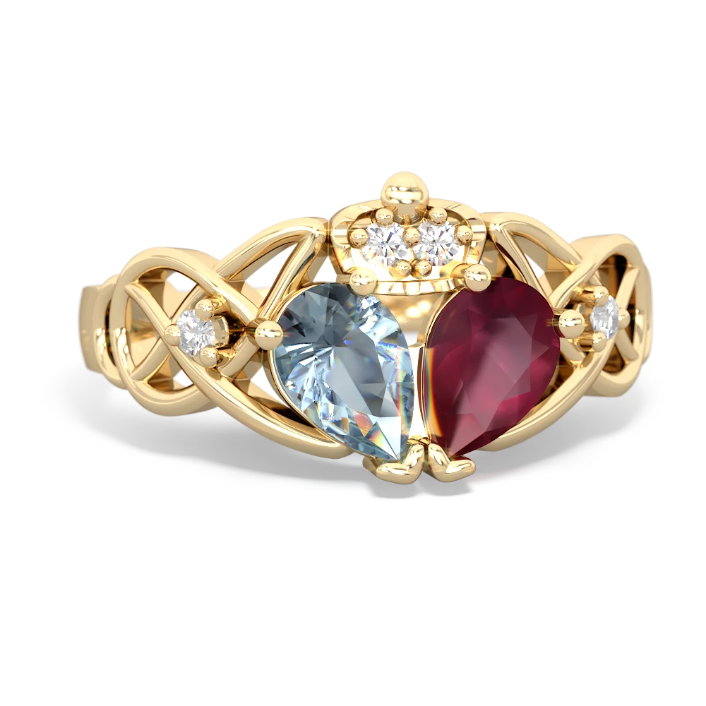 Ruby 'One Heart' Celtic Knot Claddagh 14K Yellow Gold ring R5322