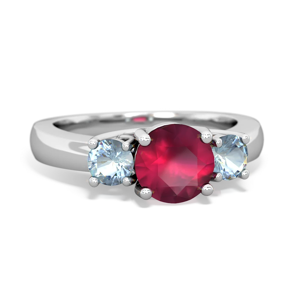 Ruby Three Stone Round Trellis 14K White Gold ring R4018