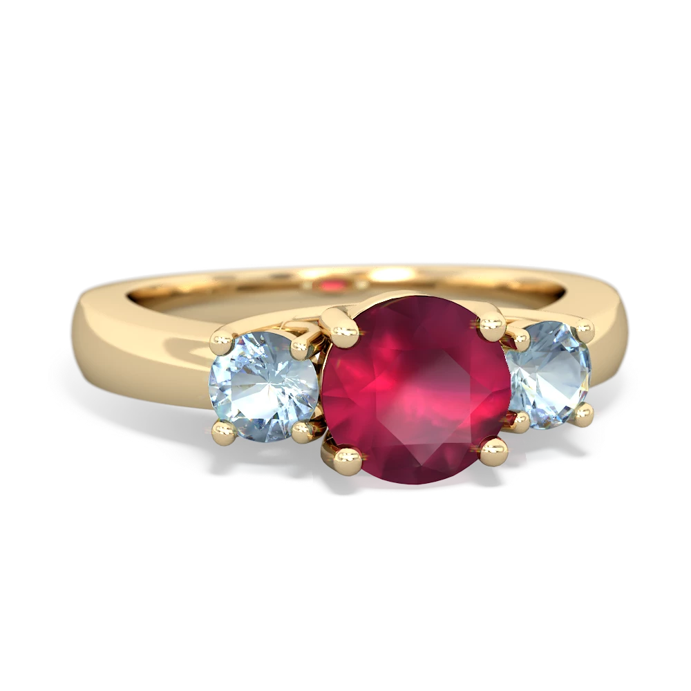 Ruby Three Stone Round Trellis 14K Yellow Gold ring R4018