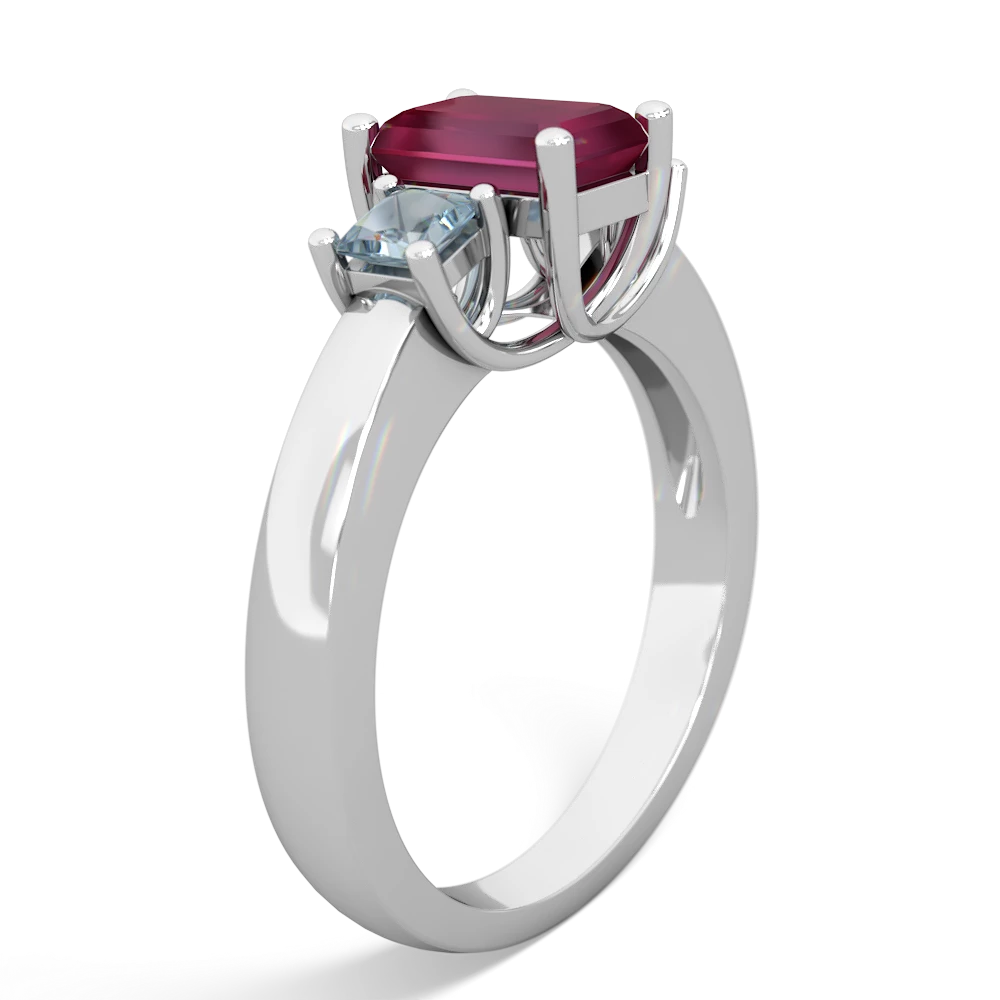 Ruby Three Stone Emerald-Cut Trellis 14K White Gold ring R4021