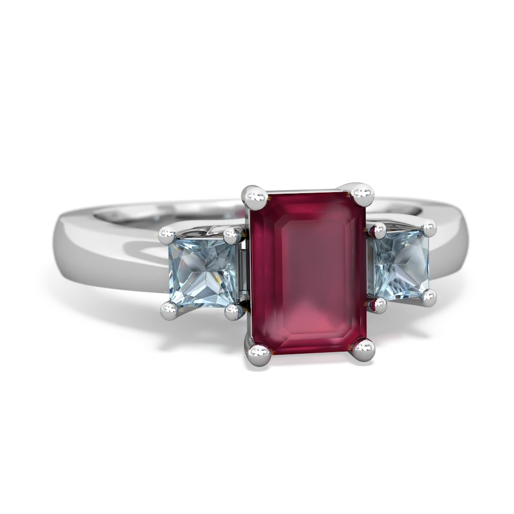 Ruby Three Stone Emerald-Cut Trellis 14K White Gold ring R4021