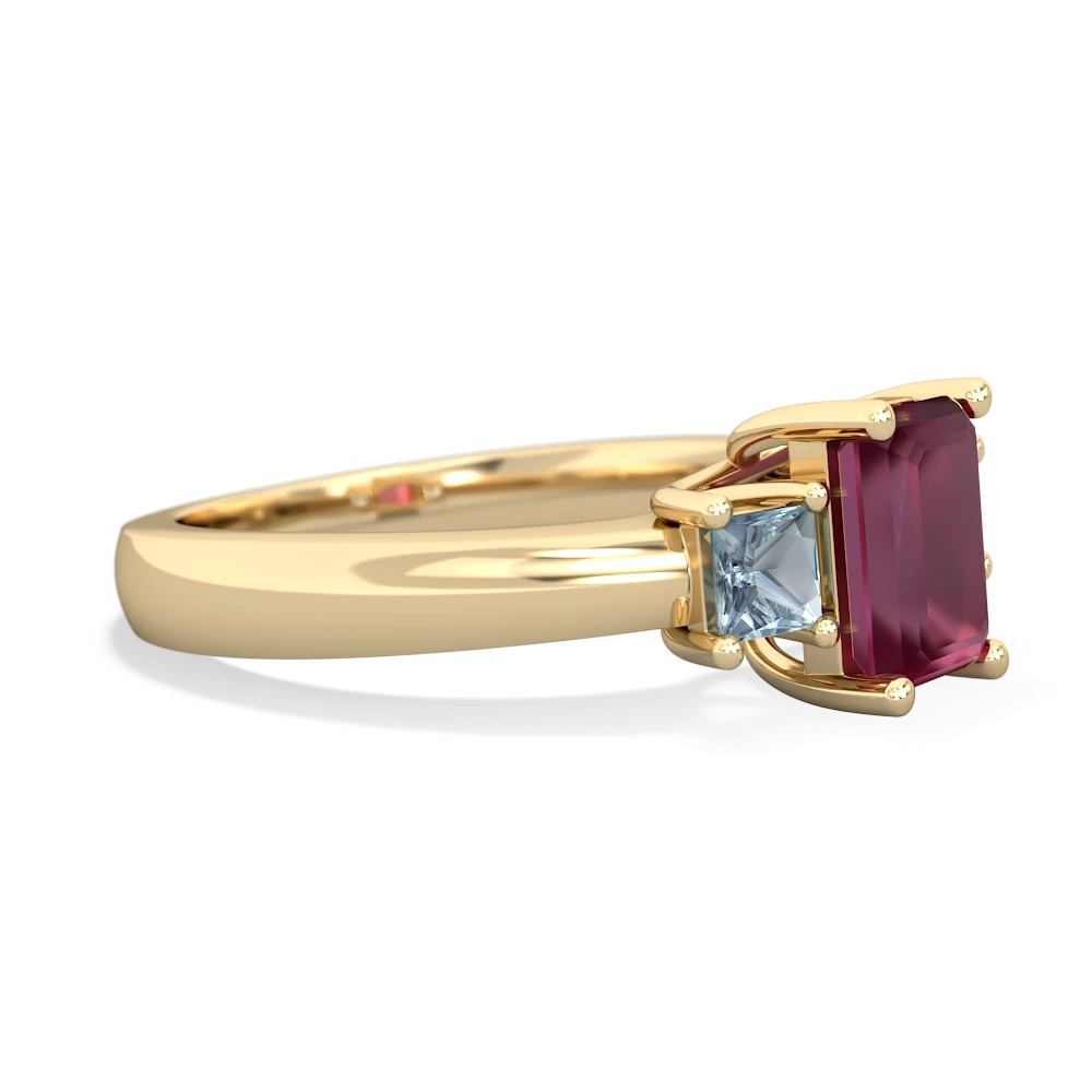 Ruby Three Stone Emerald-Cut Trellis 14K Yellow Gold ring R4021