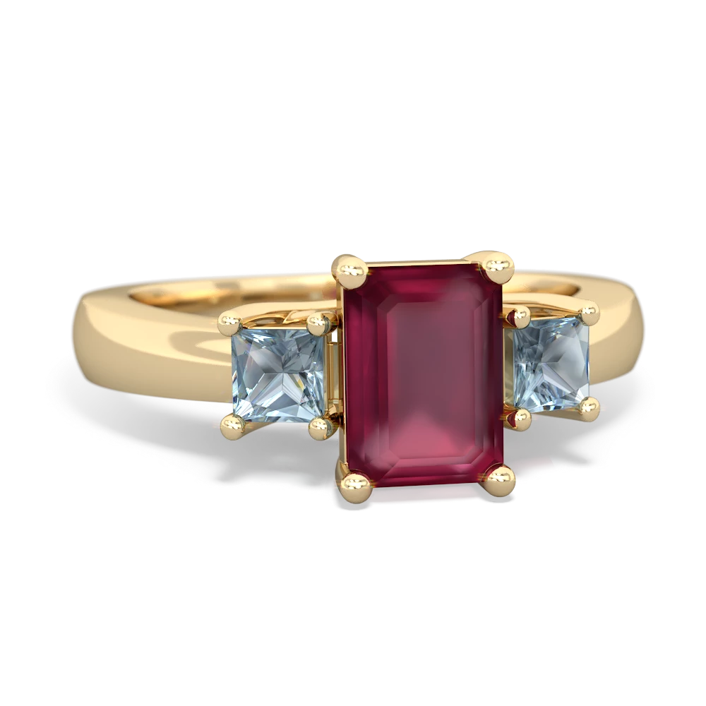 Ruby Three Stone Emerald-Cut Trellis 14K Yellow Gold ring R4021