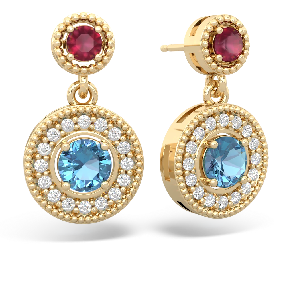 Ruby Halo Dangle 14K Yellow Gold earrings E5319