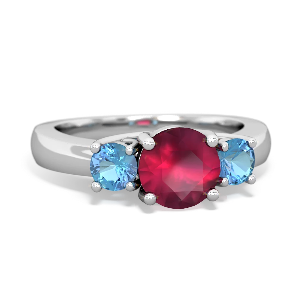 Ruby Three Stone Round Trellis 14K White Gold ring R4018