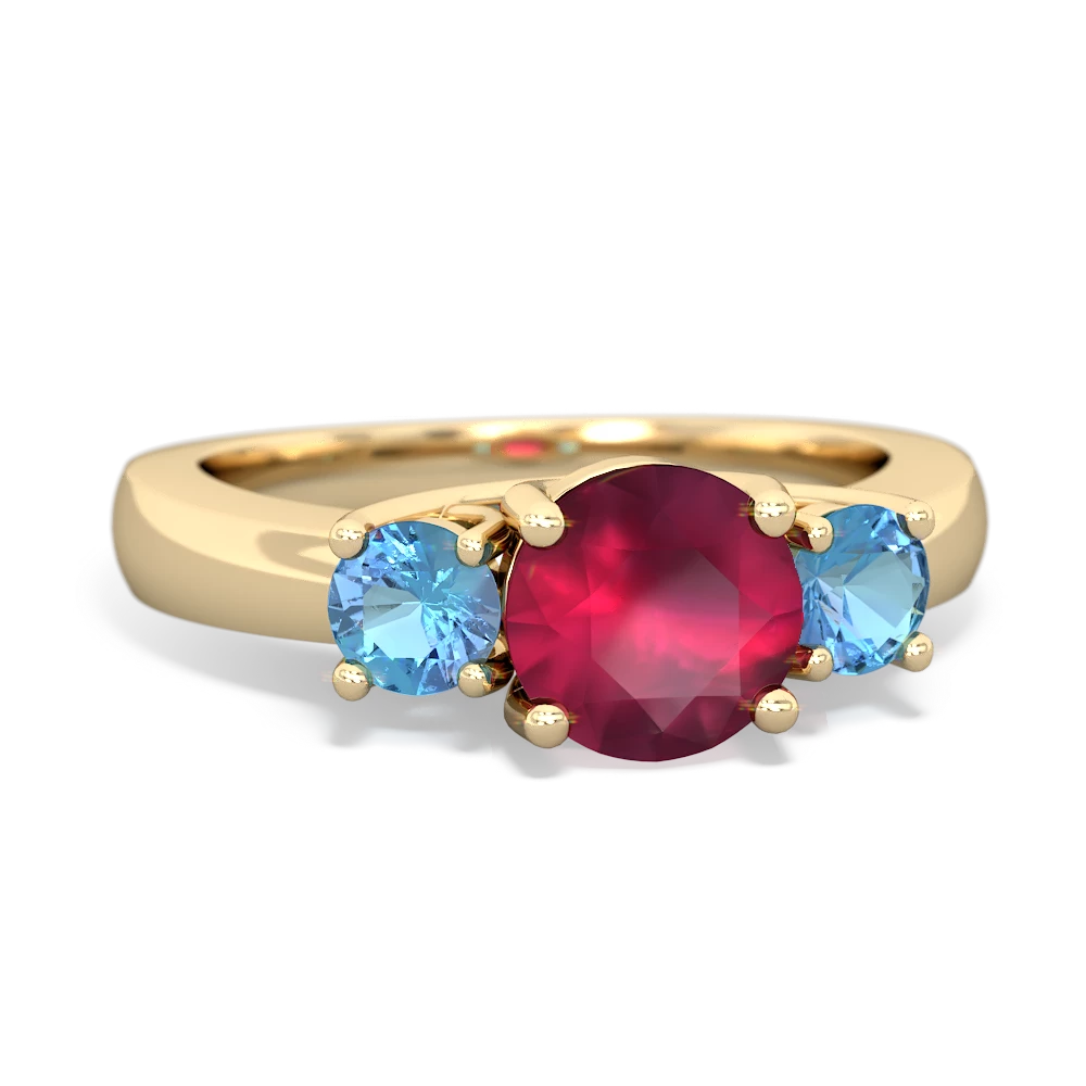 Ruby Three Stone Round Trellis 14K Yellow Gold ring R4018