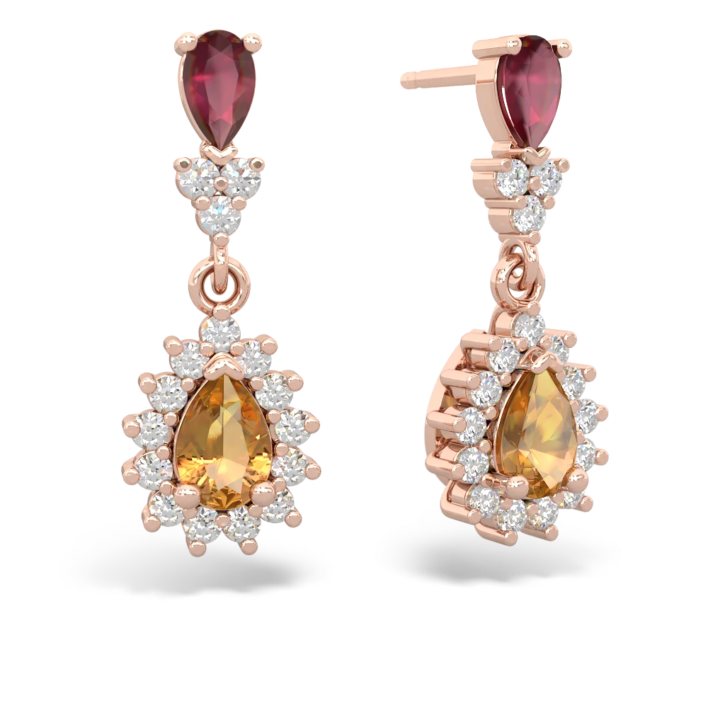 Ruby Halo Pear Dangle 14K Rose Gold earrings E1882