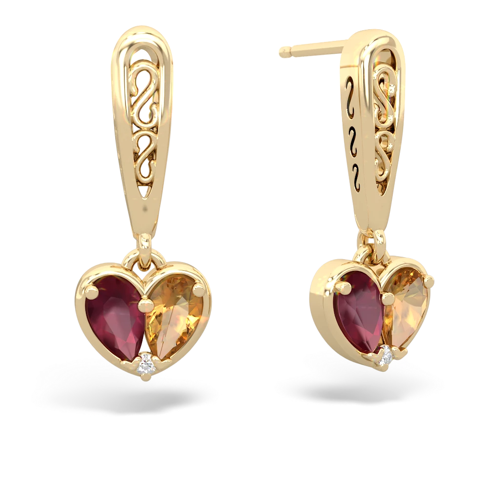 Ruby Filligree Heart 14K Yellow Gold earrings E5070