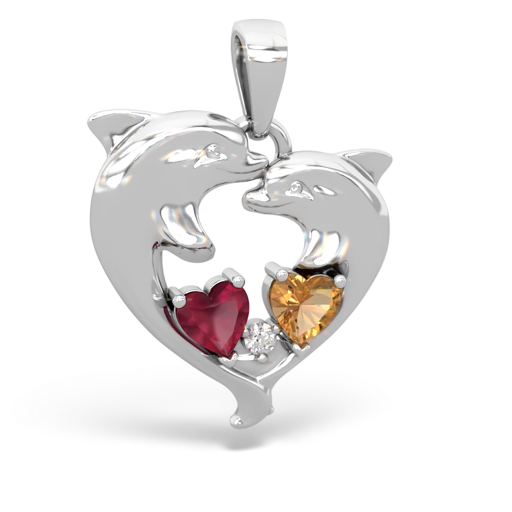 Ruby Dolphin Heart 14K White Gold pendant P5820