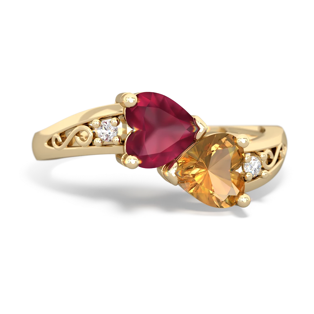 Ruby Snuggling Hearts 14K Yellow Gold ring R2178