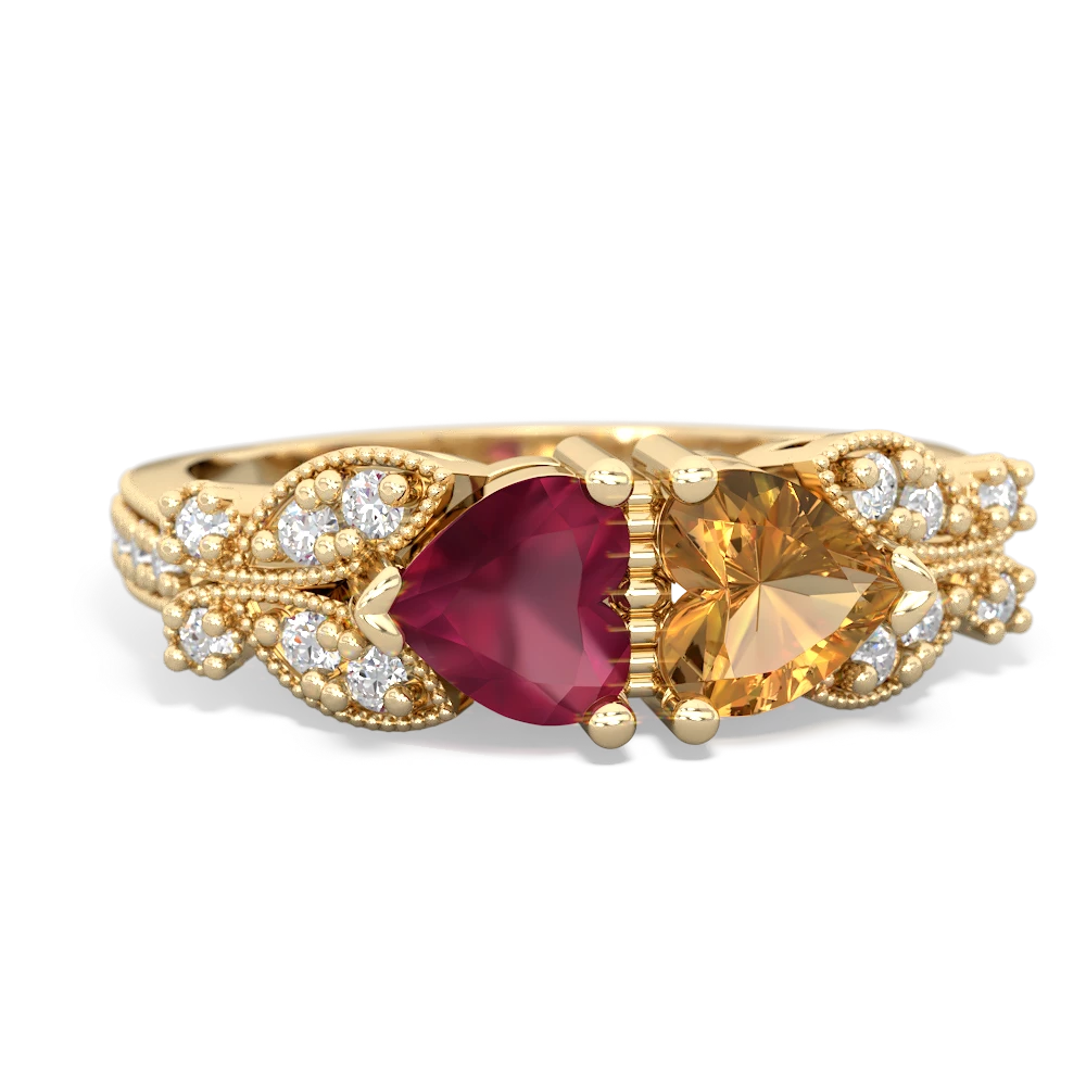 Ruby Diamond Butterflies 14K Yellow Gold ring R5601