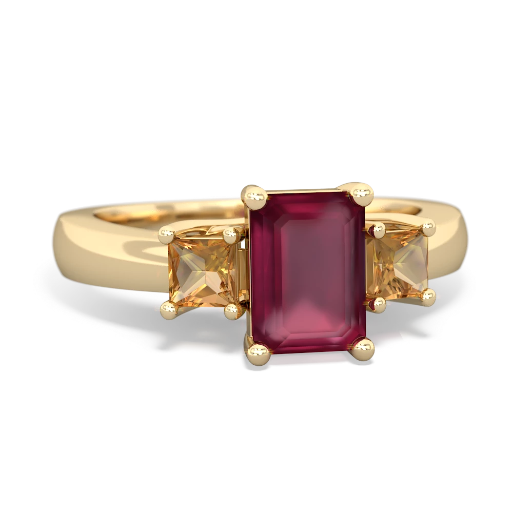 Ruby Three Stone Emerald-Cut Trellis 14K Yellow Gold ring R4021