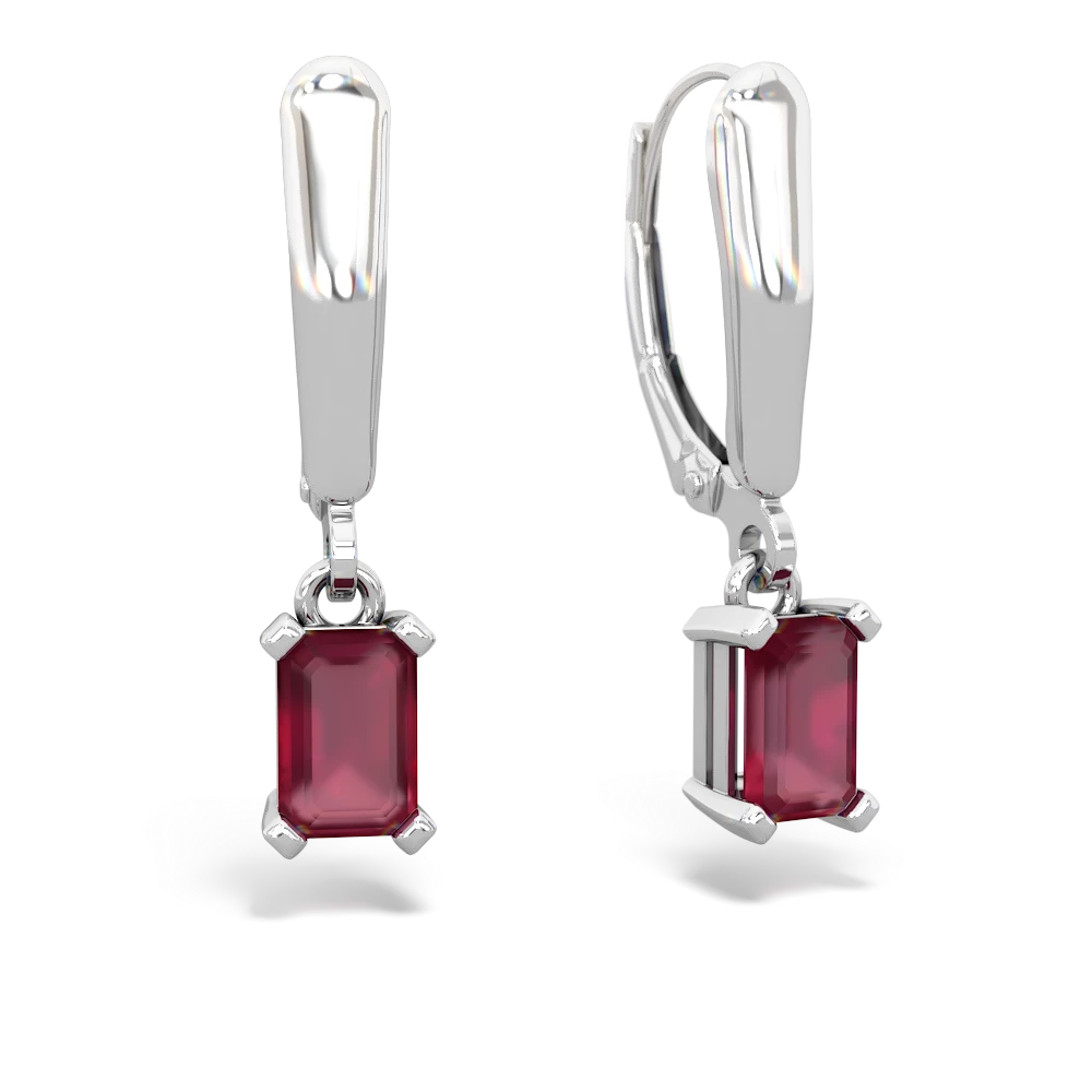 Ruby 6X4mm Emerald-Cut Lever Back 14K White Gold earrings E2855