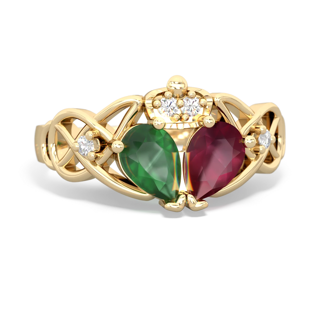 Ruby 'One Heart' Celtic Knot Claddagh 14K Yellow Gold ring R5322