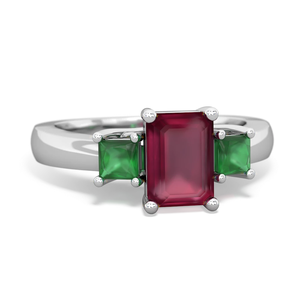 Ruby Three Stone Emerald-Cut Trellis 14K White Gold ring R4021