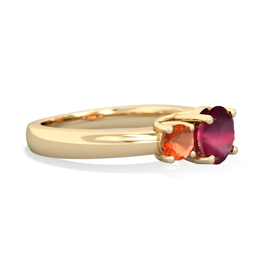 Ruby Three Stone Round Trellis 14K Yellow Gold ring R4018