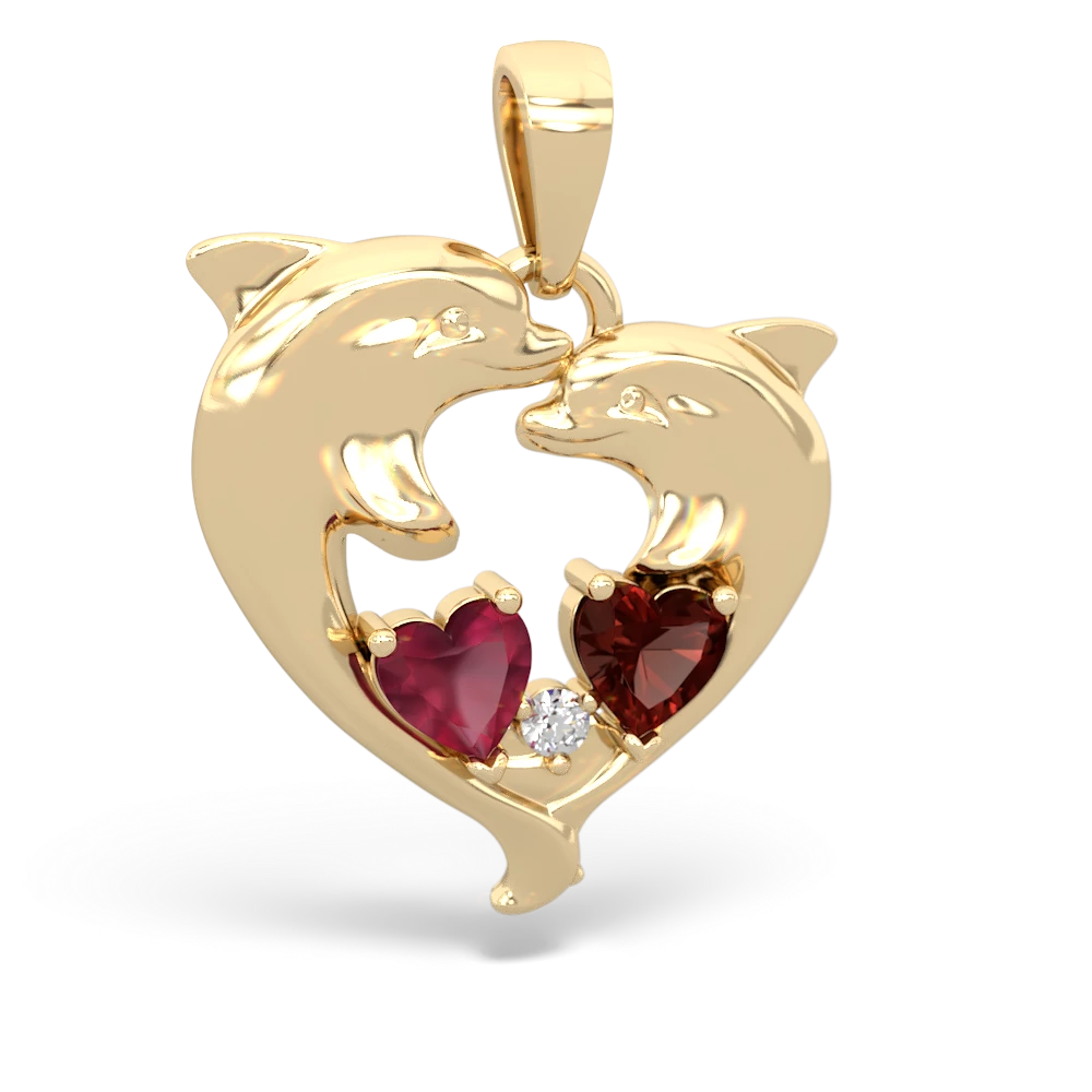 Ruby Dolphin Heart 14K Yellow Gold pendant P5820