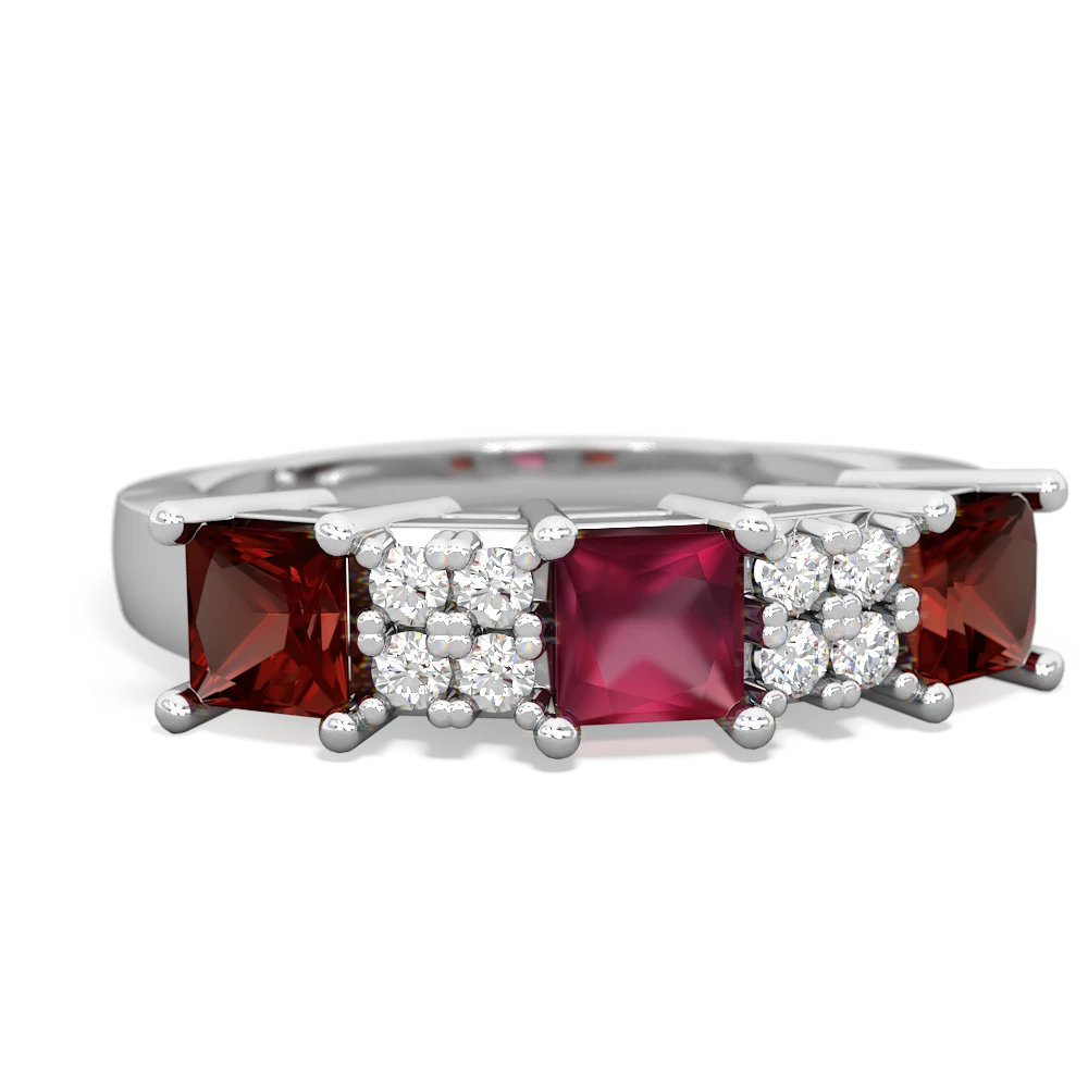 Ruby Three Stone Diamond Cluster 14K White Gold ring R2592