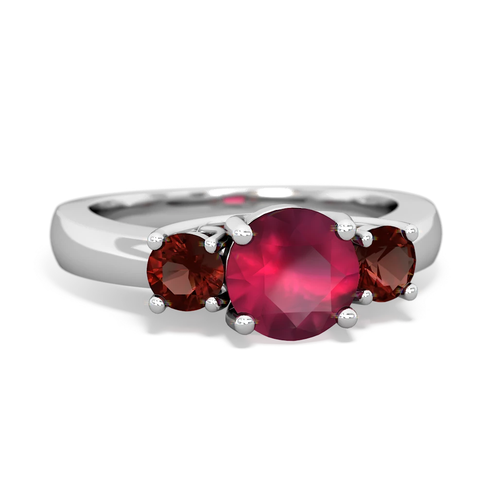 Ruby Three Stone Round Trellis 14K White Gold ring R4018