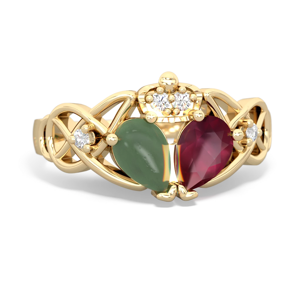 Ruby 'One Heart' Celtic Knot Claddagh 14K Yellow Gold ring R5322