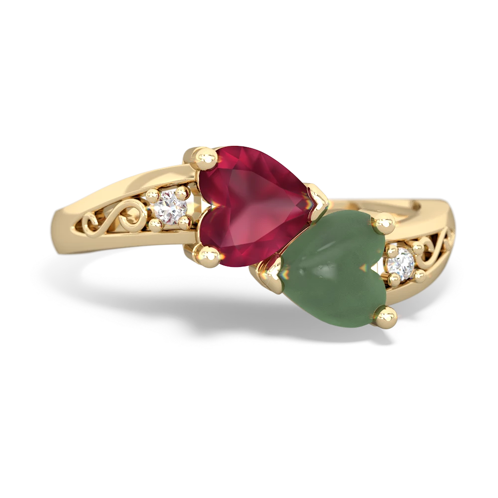 Ruby Snuggling Hearts 14K Yellow Gold ring R2178