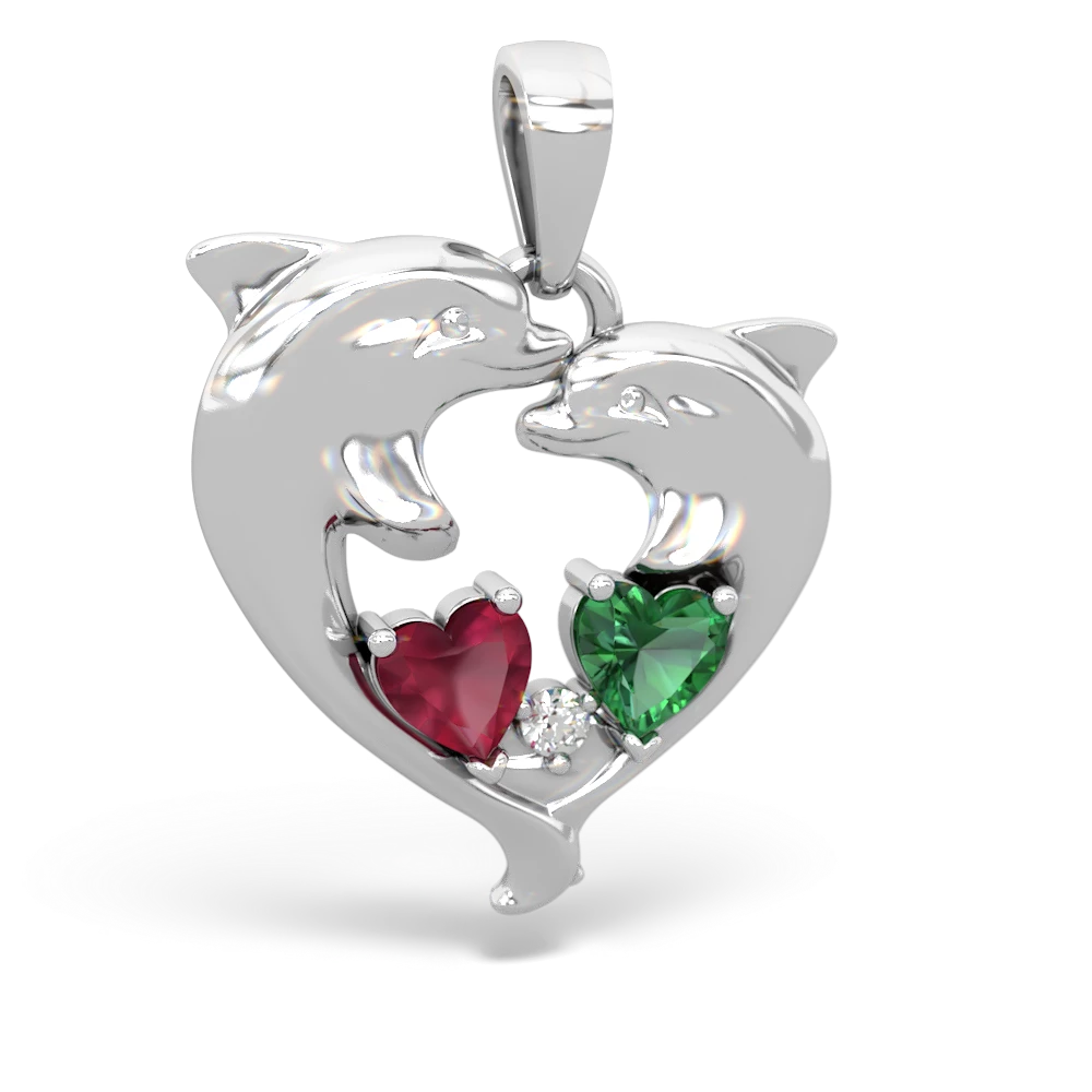 Ruby Dolphin Heart 14K White Gold pendant P5820