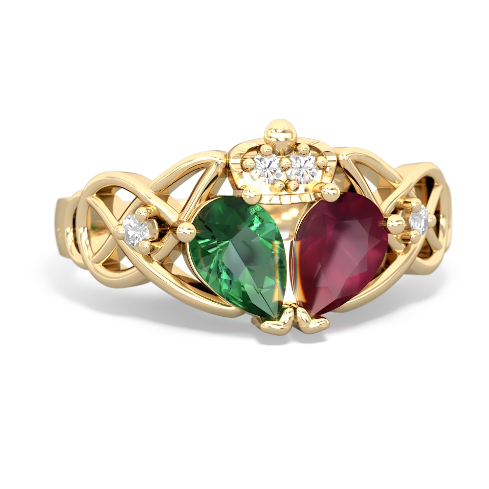 Ruby 'One Heart' Celtic Knot Claddagh 14K Yellow Gold ring R5322