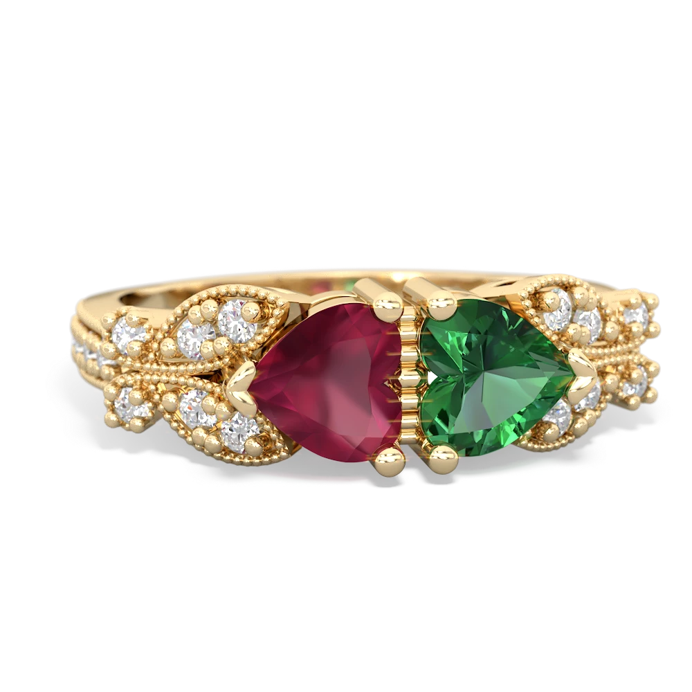 Ruby Diamond Butterflies 14K Yellow Gold ring R5601