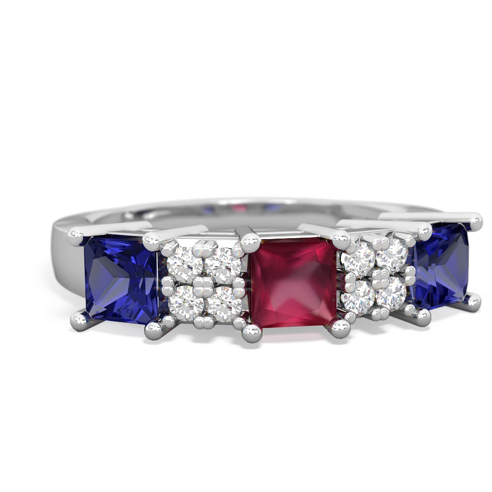 Ruby Three Stone Diamond Cluster 14K White Gold ring R2592