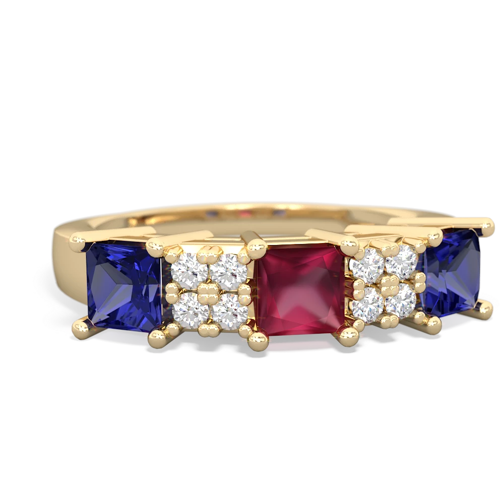 Ruby Three Stone Diamond Cluster 14K Yellow Gold ring R2592