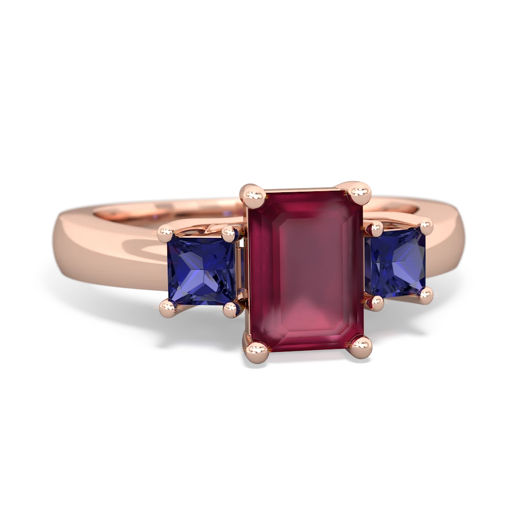 Ruby Three Stone Emerald-Cut Trellis 14K Rose Gold ring R4021