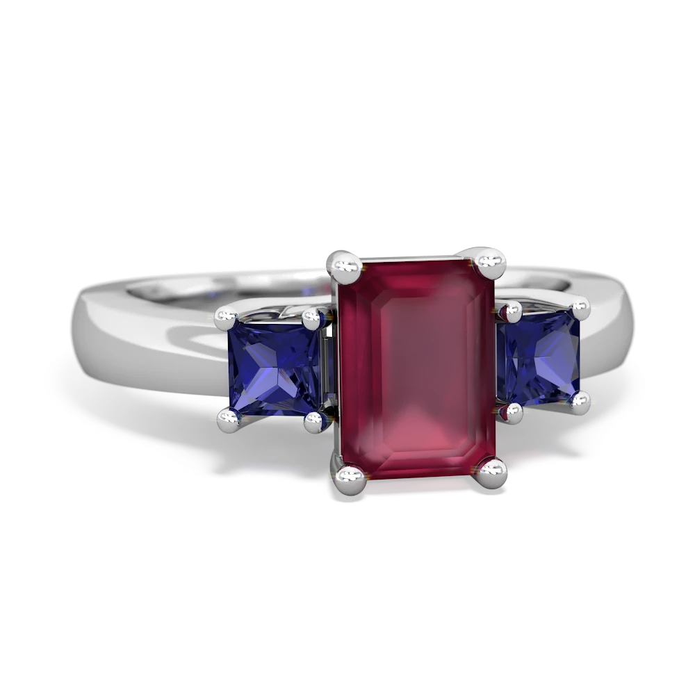 Ruby Three Stone Emerald-Cut Trellis 14K White Gold ring R4021