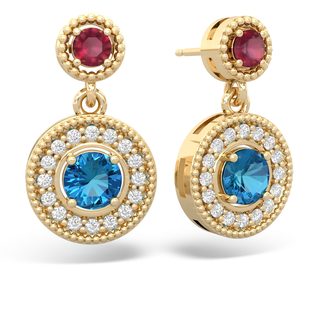 Ruby Halo Dangle 14K Yellow Gold earrings E5319