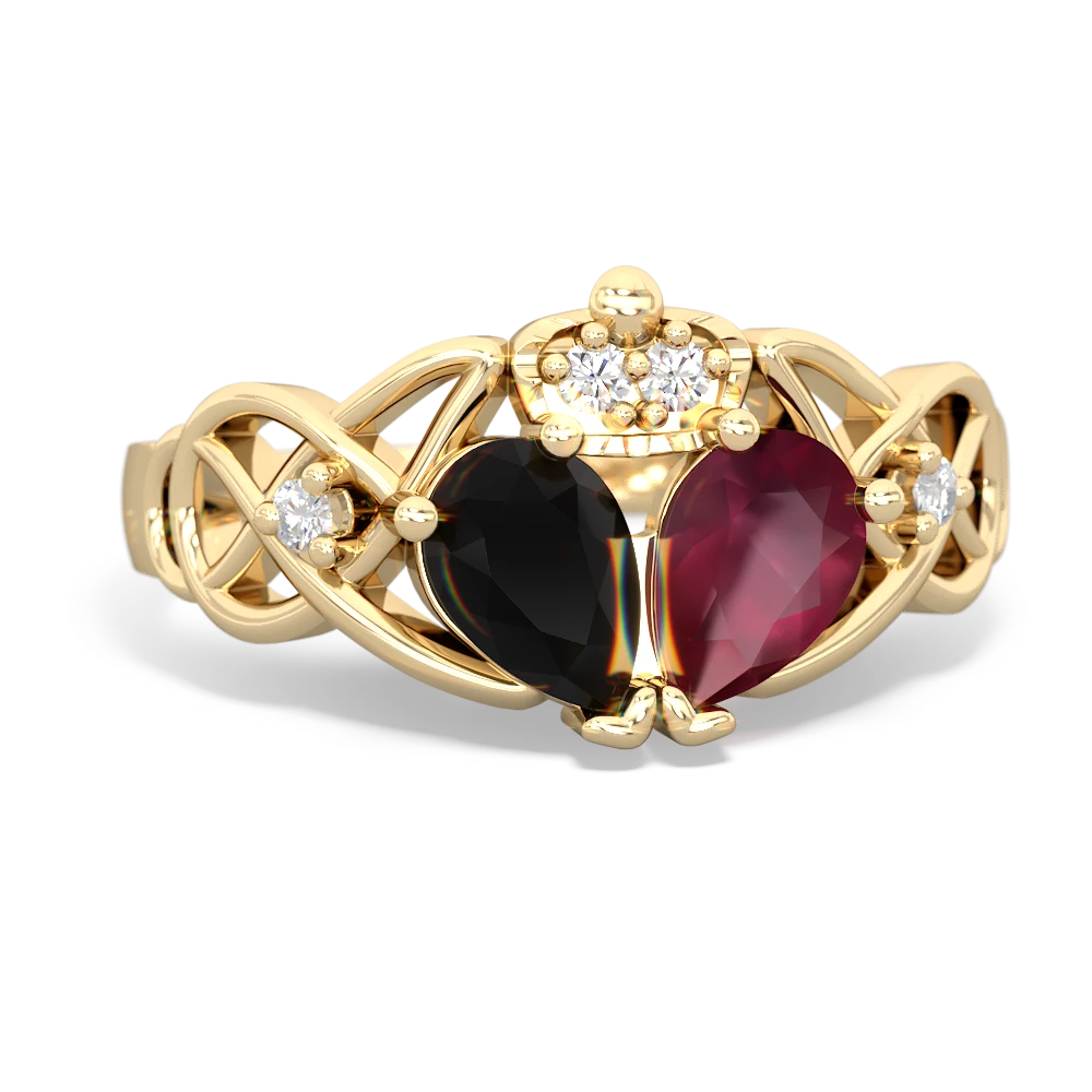 Ruby 'One Heart' Celtic Knot Claddagh 14K Yellow Gold ring R5322